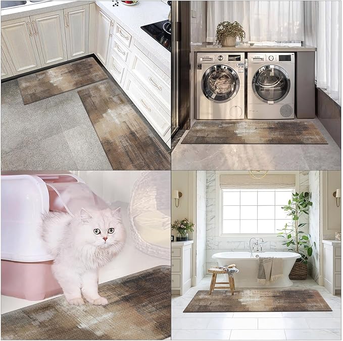 Arttown Brown Grey Painting Anti-Fatigue Kitchen Rug Set of 2 Beige Contemporary Abstract Cushioned Floor Standing Mat Waterproof Non-Slip Kitchen Mat and PVC Ergonomic Comfort Foam Rug
