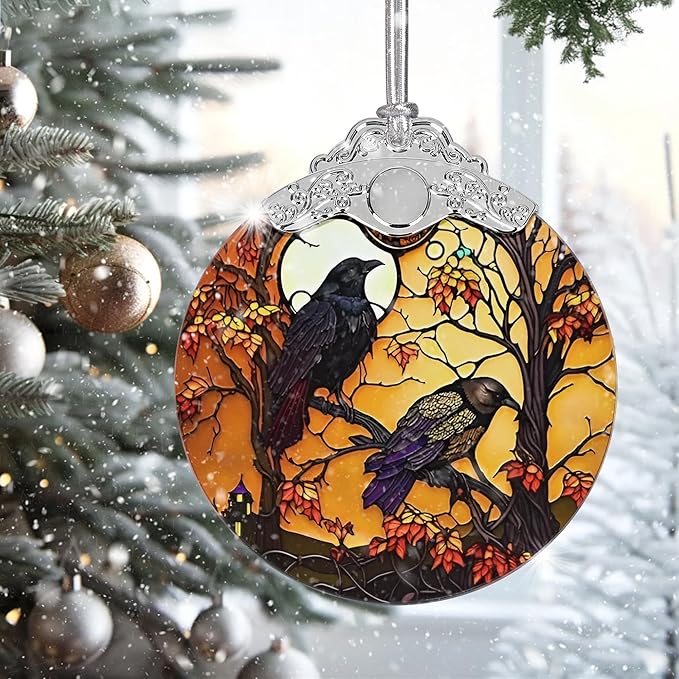 2025 Ornaments for Christmas Tree, Zmoicky Stained Glass Hanging Ornament, Christmas Ornaments Clearance, Gift Exchange Ornament, Bauble Present - Mysterious Crow