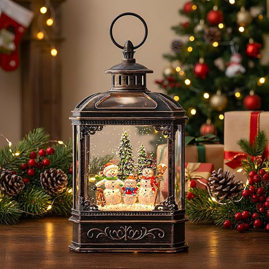 Christmas Snow Globe Lantern Water Glittering Snowman Family with Music & Timer, USB Lined/Battery Operated Lighted Lantern for Christmas Festival Decoration Gifts