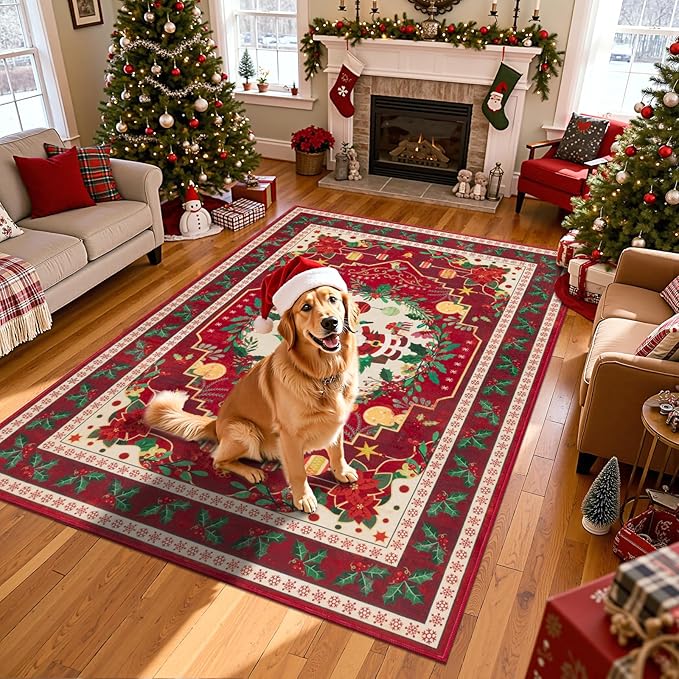 HEBE Christmas Area Rug 5'x7', Non Slip Farmhouse Red Rugs for Living Room, Washable Soft Area Rugs for Bedroom Christmas Low Pile Indoor Floor Carpet for Dining Room Xmas Holiday Decor