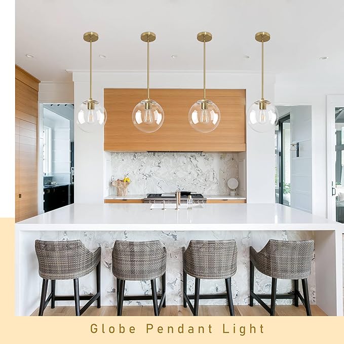10 Inch Globe Pendant Light Gold Mid Century Pendant Light Adjustable Hanging Light Fixture Globe Pendant Lights Kitchen Island Clear Glass with Brass Finish for Dining Room