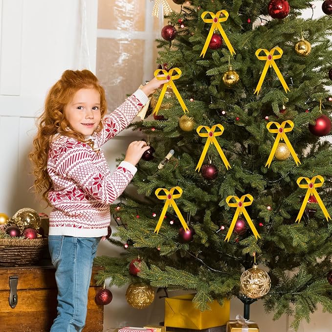 12 Pcs Gold Metal Bow Ornaments with Red Gem – 3.4x5.6 Clip-On Christmas Tree Bows, Elegant Gold Bow Decorations for Wreaths, Garlands, Weddings, Parties & Home Decor