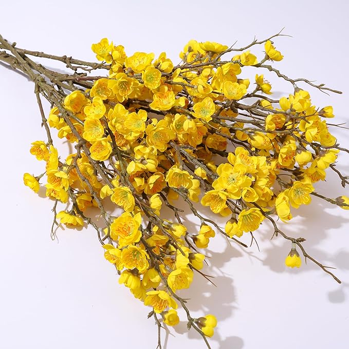 6 PCS Artificial Cherry Blossom Branches Spring Indoor Decoration, Faux Flowers 34.45" Long Stems Plum Fake Peach Plants Real Touch Silk for Wedding Home Bedroom Party Table Office,Yellow