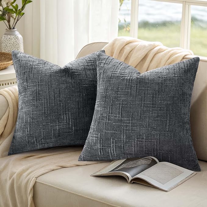 decorUhome Dark Grey Chenille Throw Pillow Covers 18x18 Set of 2 Thick Textured Slubby Couch Pillow Covers Farmhouse Accent Modern Neutral Decorative Pillow Cases for Bed Sofa Living Room