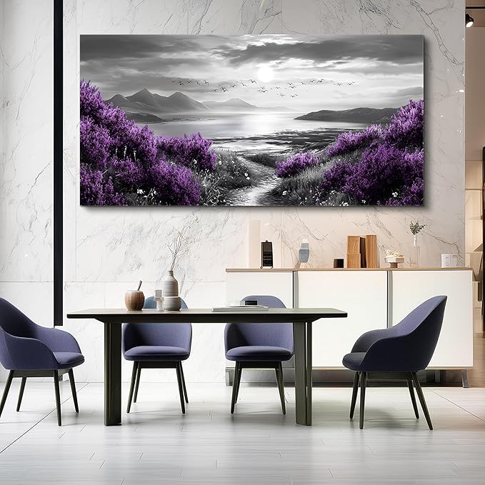 Canvas Wall Decor for Office Large Wall Art for Living Room Modern Bedroom Wall Decoration Purple Flowers Landscape Pictures Black and White Scenery Paintings Artwork Aesthetic Home Decor
