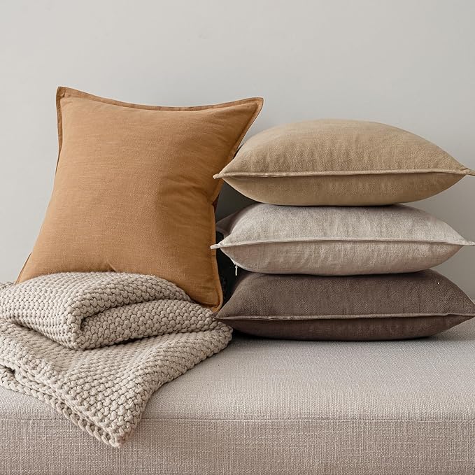 MIULEE Neutral Brown Linen Pillow Covers Pack of 4 Decorative Natural Solid Fall Throw Pillow Covers Soft Accent Boho Farmhouse Couch Pillowcases Modern Home Decor for Living Room Bed Sofa 18x18 Inch
