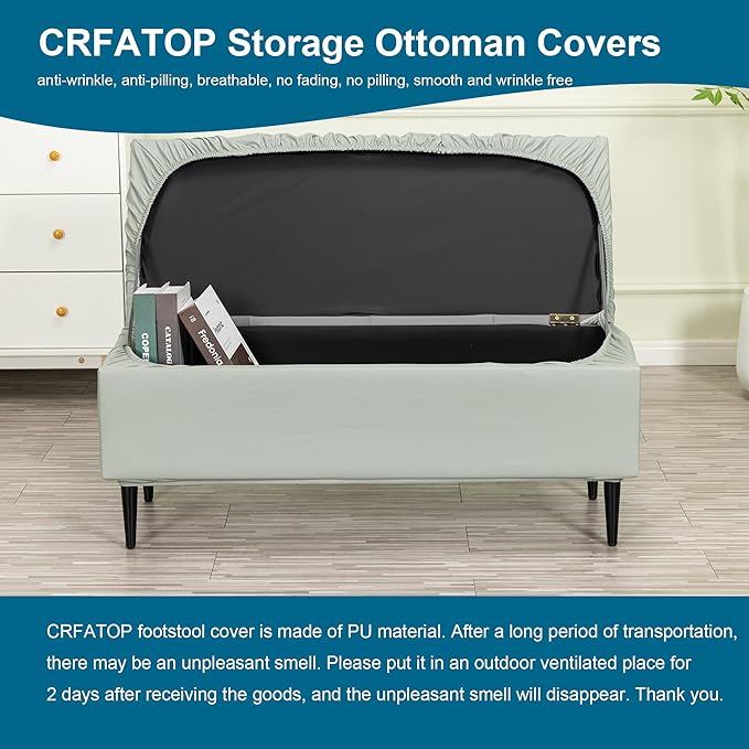 CRFATOP Waterproof PU Ottoman Stool Cover Stretch Folding Storage Footstool Bench Slipcovers Upholstered Foot Chest Chair Covers Washable Entryway Furniture Protector with Elastic Bands,S,Light Grey