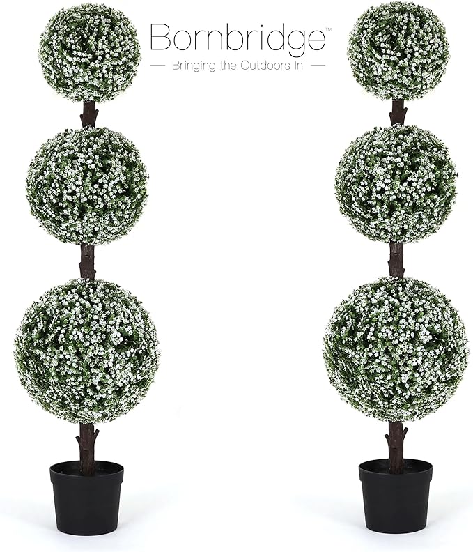 Bornbridge Artificial Baby's Breath Topiary Ball Tree - 4' Baby's Breath Ball Tree - Indoor/Outdoor Topiary Trees - Artificial Outdoor Plants - Lifelike Boxwood Plant (1 Pack)