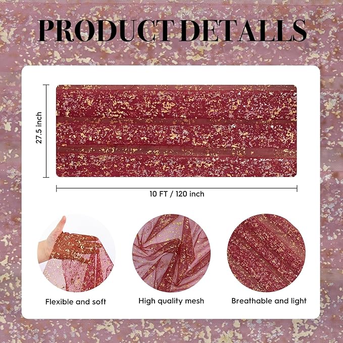 Artoid Mode Burgundy Gold Gauze Table Runner 120 Inch 10FT, Glitter Metallic Foil Sheer Dining Wedding Anniversary Holiday Birthday Table Decor for Home Party