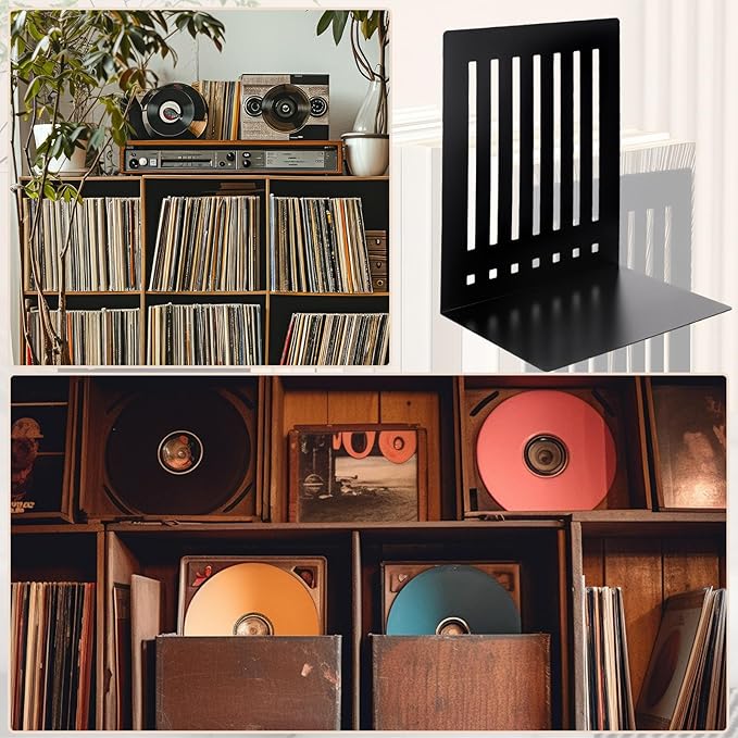4 Pcs 10 Inch Heavy Duty Bookends Non-Skid Base Large Black Heavy Duty Book Ends Stopper for Office Books Vinyl Records Shelves Binders