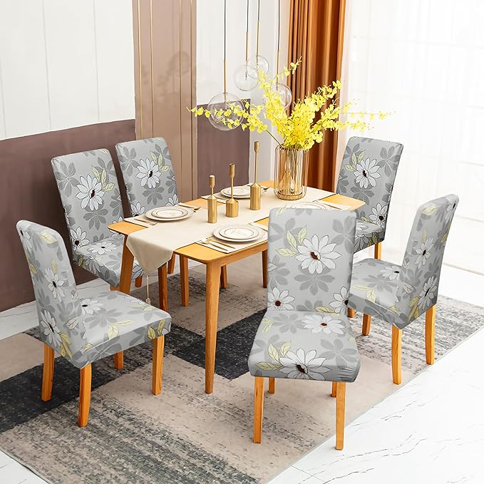 Sufdari Dining Chair Covers,Kitchen Chair Cover,Parsons Chair Slipcover,Spandex Chair Protectors for Dining Room Stretch Chairs Cover Set of 8 -Grey Floral