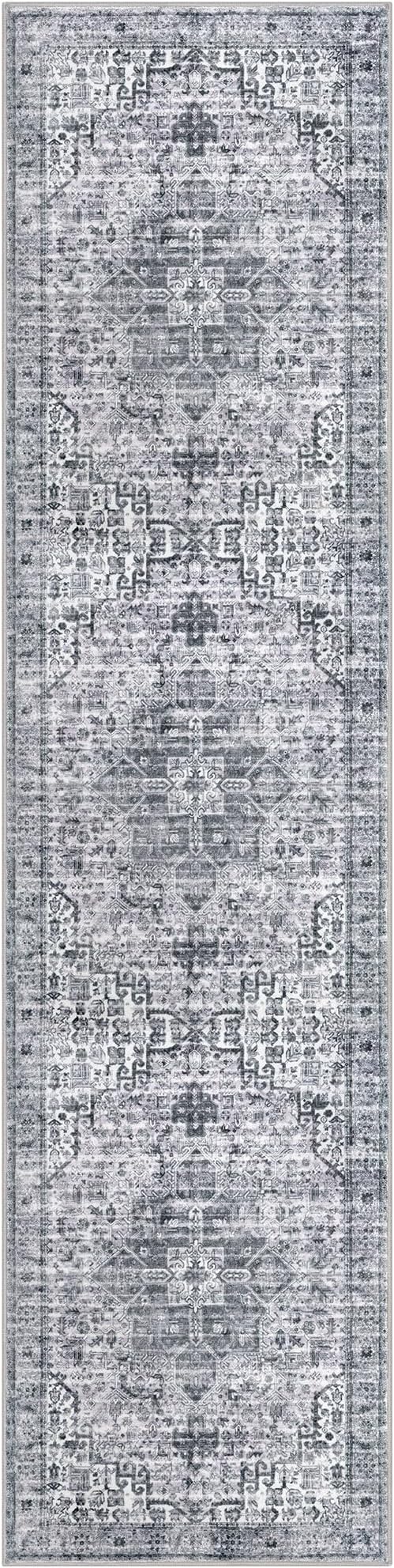 2x8 Washable Runner Rug for Hallways, Grey Blue White Soft Neutral Vintage Printed Runners with Non-Slip, Non-Shedding Boho Rugs for Bedroom Kitchen Porch Laundry Indoor