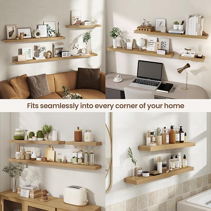 55 Inch Floating Shelves for Wall 2 Pack, 55" Wall Shelves for Books, Storage, Decor, Wall Mounted Floating Shelf with Invisible Brackets for Kitchen, Living Room, Light Brown