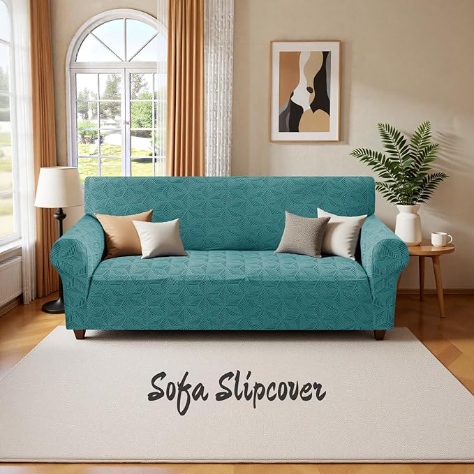 YEMYHOM 1 Piece Stretch Couch Covers for 2 Cushion Couch, Jacquard Loveseat Cover with Non-Slip Elastic Bottom, Thickened Slipcover Furniture Protector for Dogs Pets (Medium, Peacock Blue)