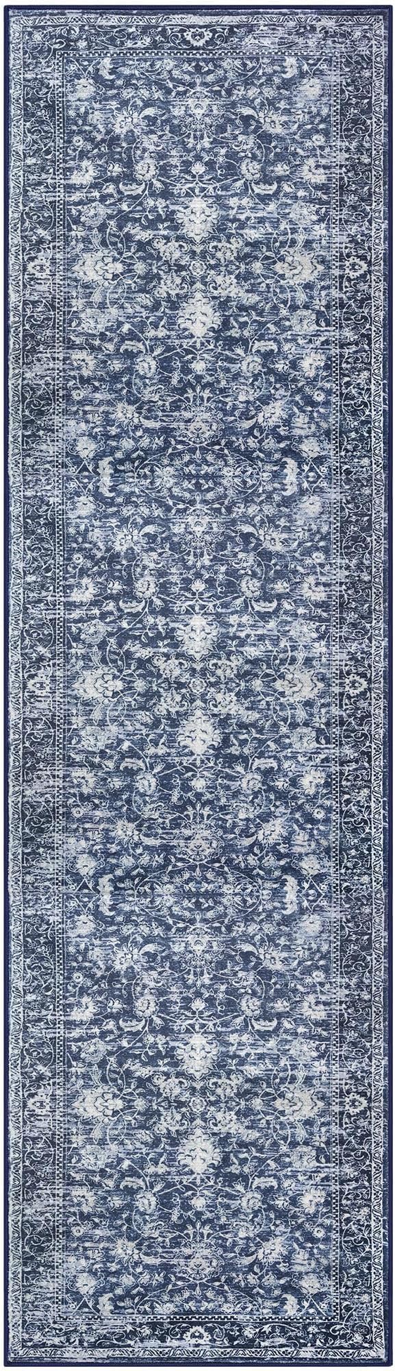 KILOCOCO Runner for Hallway 3x12 Runner Rug Printed Vintage Floral Washable Rug Kitchen Runners Soft Non-Slip Low Pile Hallway Runners Laundry Room Distressed Boho Rugs, Blue