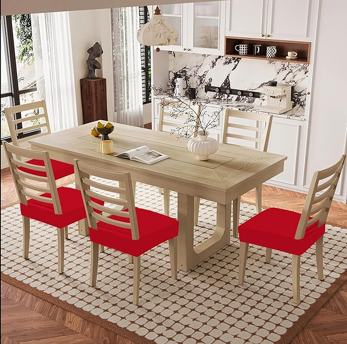 Smiry Waterproof Seat Covers for Dining Room Chairs Set of 4, Stretch Jacquard Removable Washable Chair Seat Slipcovers Protector, No Rear Covers, Red
