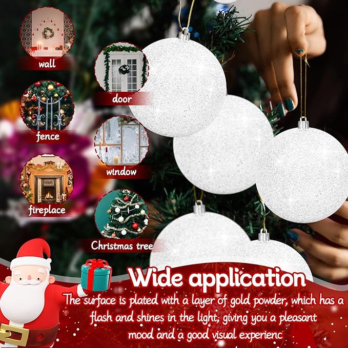6Pack 4inch Large Christmas Balls Christmas Tree Decoration Ornaments Shatterproof Glitter Christmas Hanging Balls for Christmas Tree Party Indoor Outdoor Decoration (White, 4inch-6pcs)