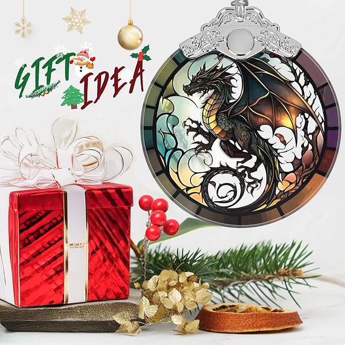 Stained Glass Suncatcher Ornament - Flying Dragon Christmas Decorations - Christmas Ornaments for Tree - Holiday Present Ideas - Gift Exchange