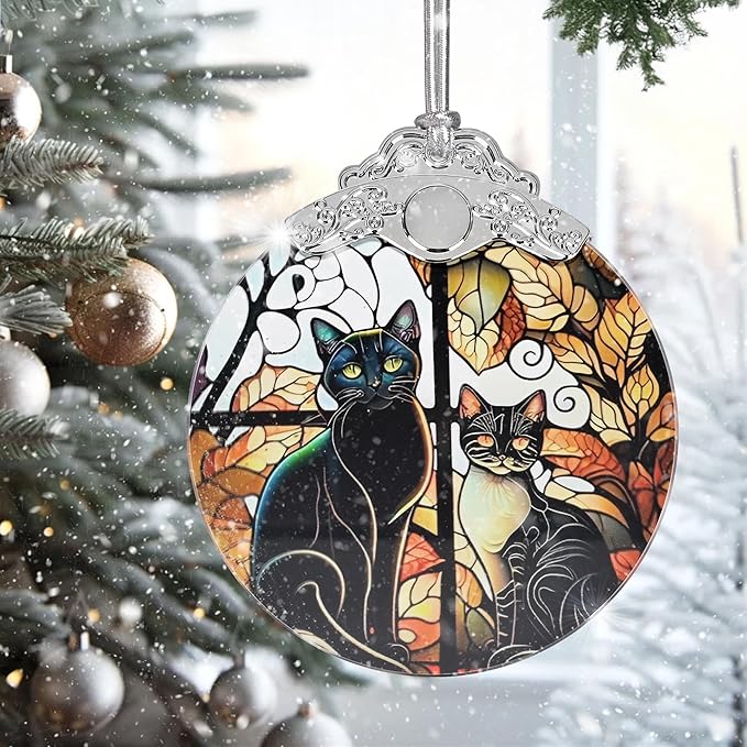 2025 Ornaments for Christmas Tree, Zmoicky Stained Glass Hanging Ornament, Christmas Ornaments Clearance, Gift Exchange Ornament, Bauble Present - Two Black Cat