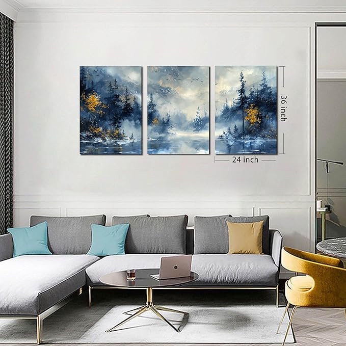 SIXTTART Tree Pictures Wall Decor Bedroom - Blue Wall Art for Living Room - Large 3 Piece Canvas Wall Art for Office Size 24" x 36"