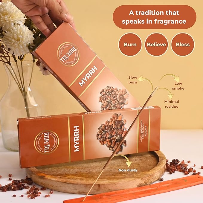 Myrrh Incense Sticks - Pack of 100 Insence-Sticks - Made with Natural Non Toxic Incienso De Mirra - Scented Insense Indian Spiritual Agarbatti Inscents