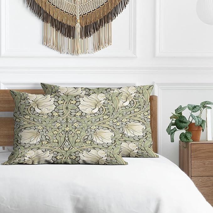 Green Botanical Pillow Covers 18x18 Inch William Morris Floral Print Pillow Protectors with Zipper Standard Size Vintage Rustic Nature Flowers Pillow Cases Midcentury Modern Bed Pillow Covers Set of 2