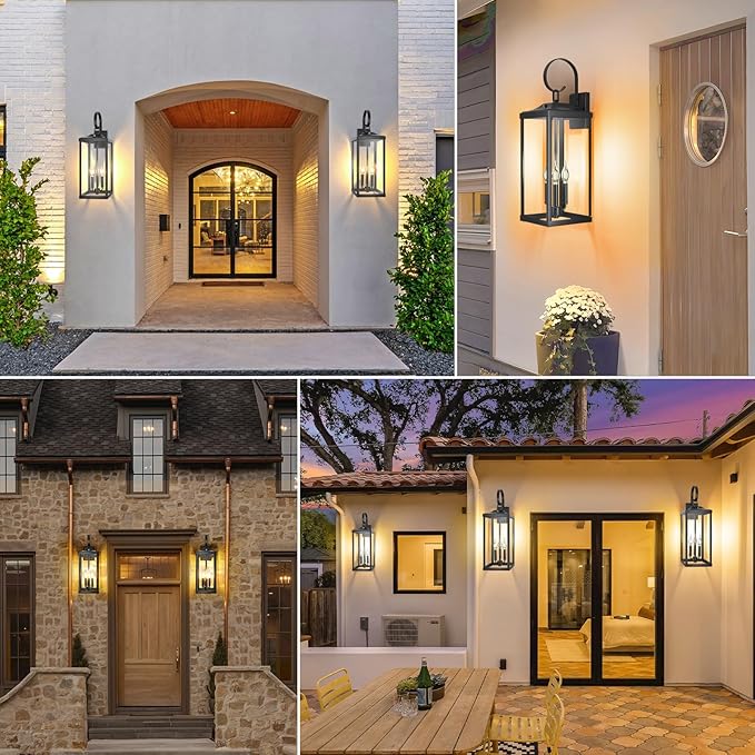 24" Extra Large Dusk to Dawn Outdoor Wall Light, Black 3-Light Waterproof Exterior Wall Mount Porch Lantern, Modern Outside Wall Sconce Coach Light with Clear Glass, E12, 1-Pack