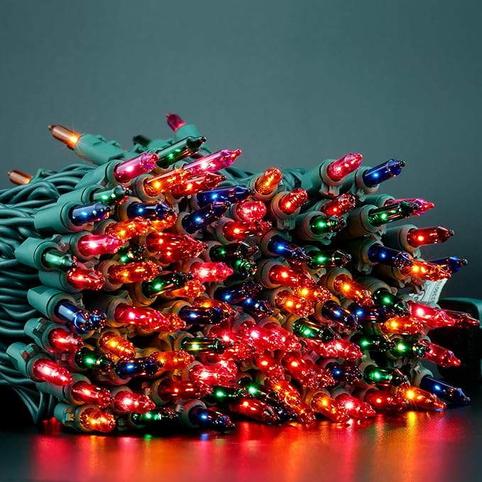 YULETIME 200 Multicolor Christmas Lights, Pack of 2 Sets 33 Feet 100 Count UL Certified Incandescent String Lights (Multicolor - Green Wire)