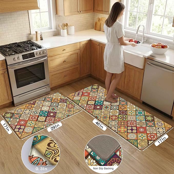 Boho Kitchen Rug Mats for Floor Cushioned Anti Fatigue Mexican Colorful Ceramic Tile Kitchen Rugs Sets of 2 Non Slip Waterproof Comfort Memory Foam Standing Floor Mat for Laundry Sink Desk