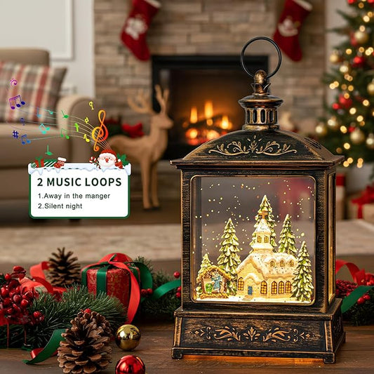 Christmas Snow Globe Lantern Water Glittering Churche & Manger Scene with Music & Timer, USB Lined/Battery Operated Lighted Lantern for Christmas Festival Decoration Gifts