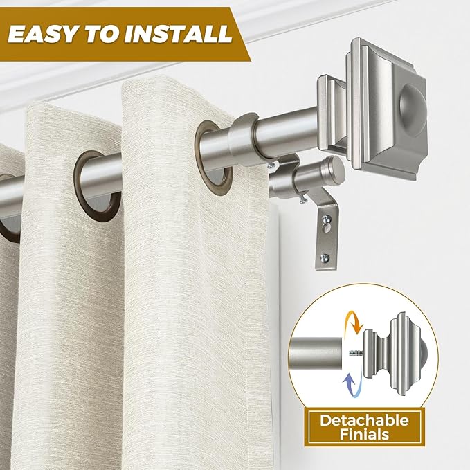 KAMANINA 1 Inch Double Curtain Rods 72 to 144 Inches (6-12 Feet) Telescoping Dark Silver Curtain Rod for Windows 69 to 140 Inches, Heavy Duty Drapery Rods with Square Finials