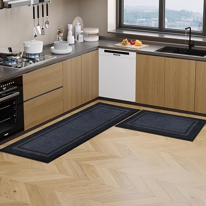 Kitchen Rugs 24" x 36", Non-Slip Machine Washable Kitchen Runner Rugs Floor Mats, Absorbent Comfort Standing Mats for Kitchen, Sink, Laundry and Hallway, Bluish Grey & Charcoal