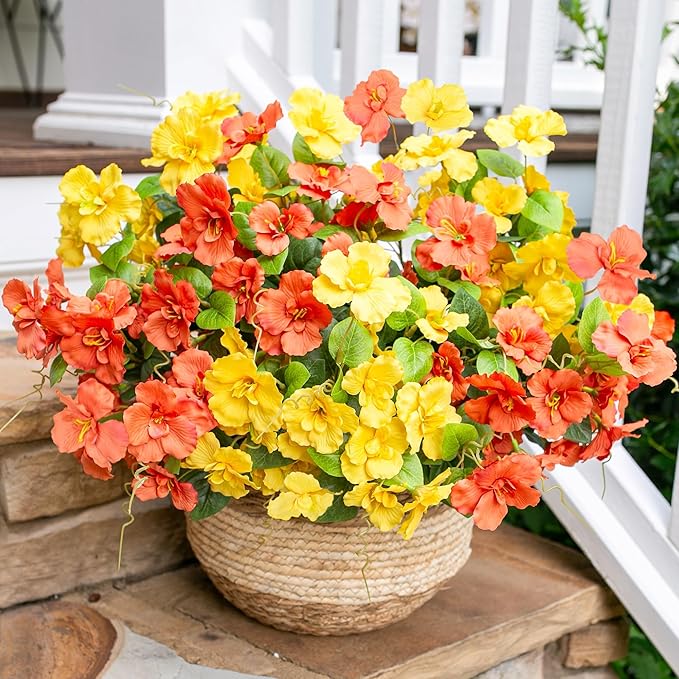 Hibiscus Artificial Flowers Plants for Outdoors Decoration, 6 Bundles Silk Tropical Flowers Artificial Realistic UV Resistant Fake Flower for Outside Planter Porch Patio Balcony (Yellow Orange)