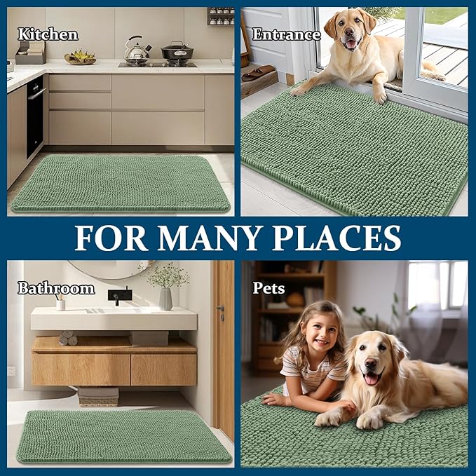 OLANLY Dog Door Mat for Muddy Paws 59x32, Absorbs Moisture and Dirt, Absorbent Non-Slip Washable Doormat, Quick Dry Chenille Mud Mat, Entry Indoor Entryway Carpet for Inside Floor, Olive Green