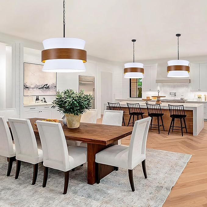 5 Lights White Drum Farmhouse Chandelier for Dining Room,19.68" Modern Large Drum Fabric Light fixture,Adjustable Rustic Metal Imitation Wood Round Pendant Light for Living Room Kitchen Island Bedroom