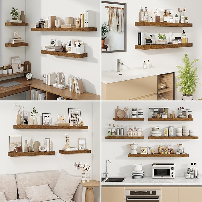 fuqing Floating Shelves for Wall, Wall Mounted Wood Floating Shelf with Invisible Brackets for Living Room, Bathroom, Bedroom, Kitchen Storage and Decor, 36 Inch Set of 2, Rustic Brown