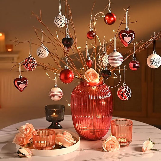 DecorbyHannah Valentines Day Christmas Tree Ornaments Decorations, 21ct Red Black Heart Shaped Ornaments Set for Tree, Valentine's Day Large Shatterproof Hanging Ball for Wedding Anniversary Party