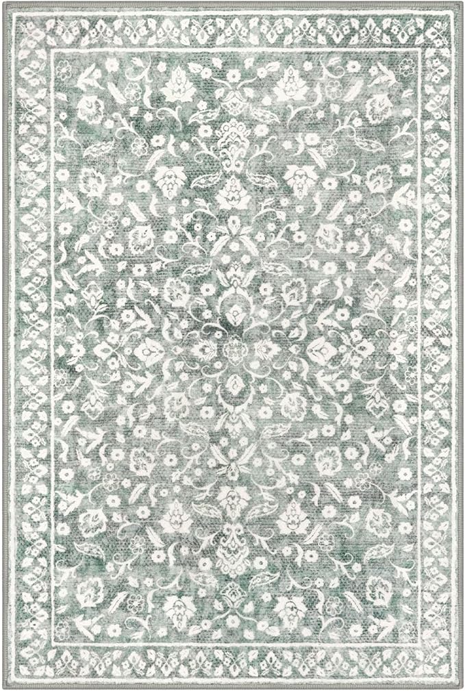 Vintage Washable Rug 2x3, Sage Green Grey Small Area Rugs for Entryway, Floral Super Soft Kitchen Rugs, Low-Pile Throw Rugs Indoor Door Mat Thin Print Faux Wool Carpet for Entrance, Office