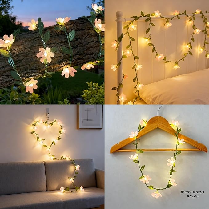 Pink Flower String Lights Tiny Leaf Ivy String Lights 9FT with 30 Flower Lights Battery Powered Waterproof Pink Fairy Lights for Outdoor Garden,Wedding Bedroom Party Wall Décor (8 Mode)