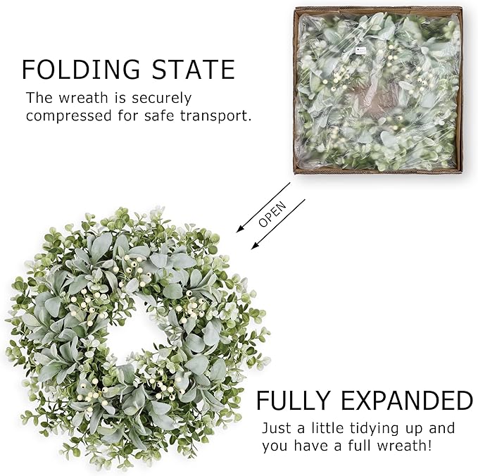 26 Inch Large Lambs Ear Wreaths for Front Door Spring Summer Lambs Leaves with White Berries, Artificial Greenery for Farmhouse Porch Wall Living Room Home Widding Decor for All Seasons Wreaths