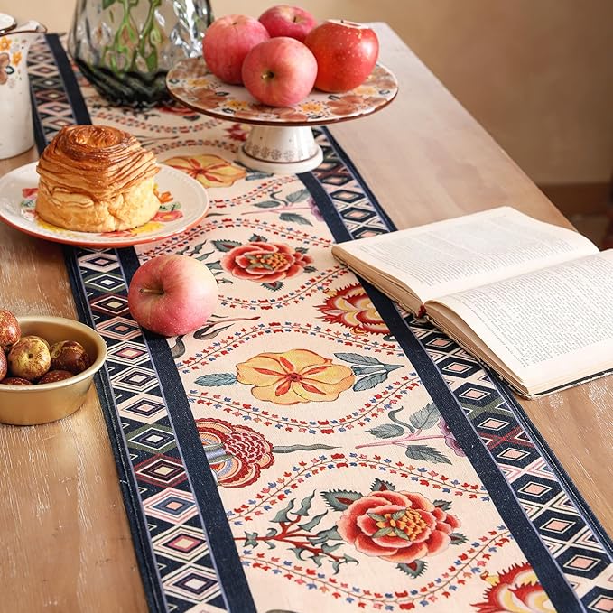 Rectangular Flower Table Runner 102 Inches Long,Farmhouse Linen Floral Table Runners with Navy Blue Border,Fall Decorations for Home Thanksgiving Christmas Party.12"*102"-Lanae
