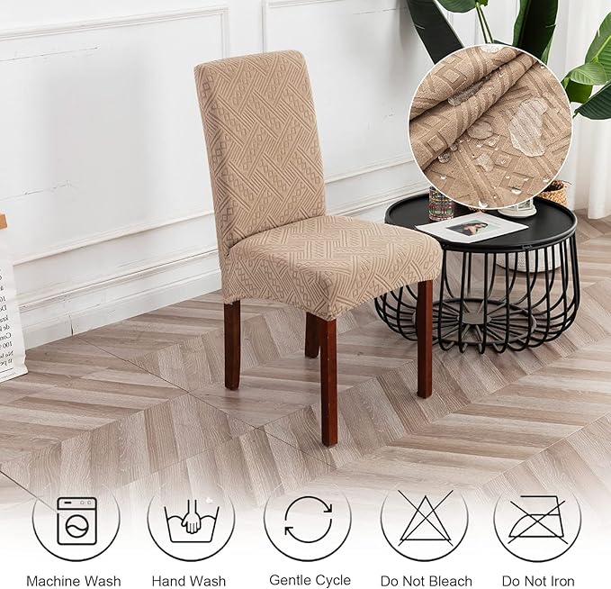 Genina Waterproof Dining Room Chair Covers Stretch Parsons Chair Slipcovers for Dining Room Kitchen Chair Protector Cover, Removable, Washable (2, Pattern1-Khaki)
