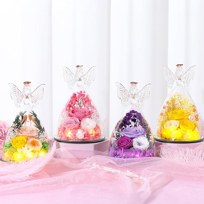 Christmas Rose Gifts for Women Preserved Real Flower in Glass Angel Figurines Roses for Delivery Prime Birthday Gifts for Mom Grandma Girlfriend Wife Her,Yellow Austin Roses