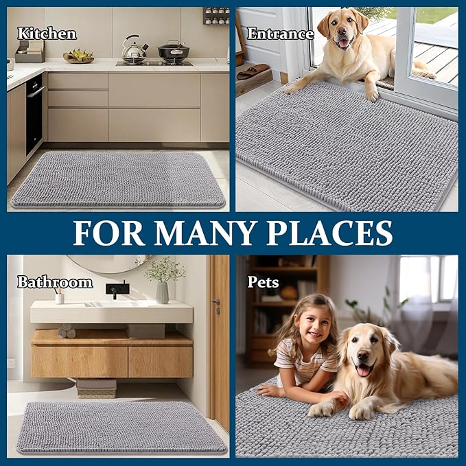 OLANLY Dog Door Mat for Muddy Paws 36x24, Absorbs Moisture and Dirt, Absorbent Non-Slip Washable Doormat, Quick Dry Chenille Mud Mat for Dogs, Entry Indoor Entryway Carpet for Inside Floor, Light Grey