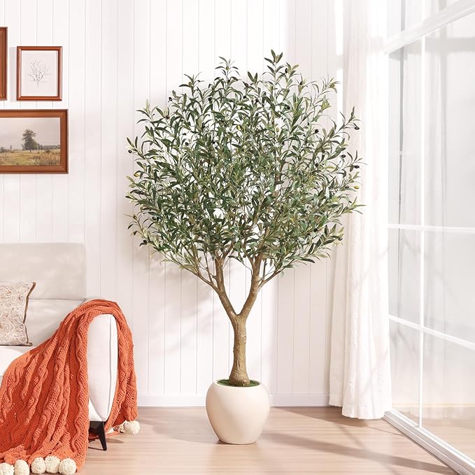 Olive Trees Artificial Indoor,6Ft Large Faux Plants,Tall Fake Tree with 12in White Round Planter,Full & Lush Faux Olive Tree for Home Decor Living Room, Office or Bedroom,Housewarming
