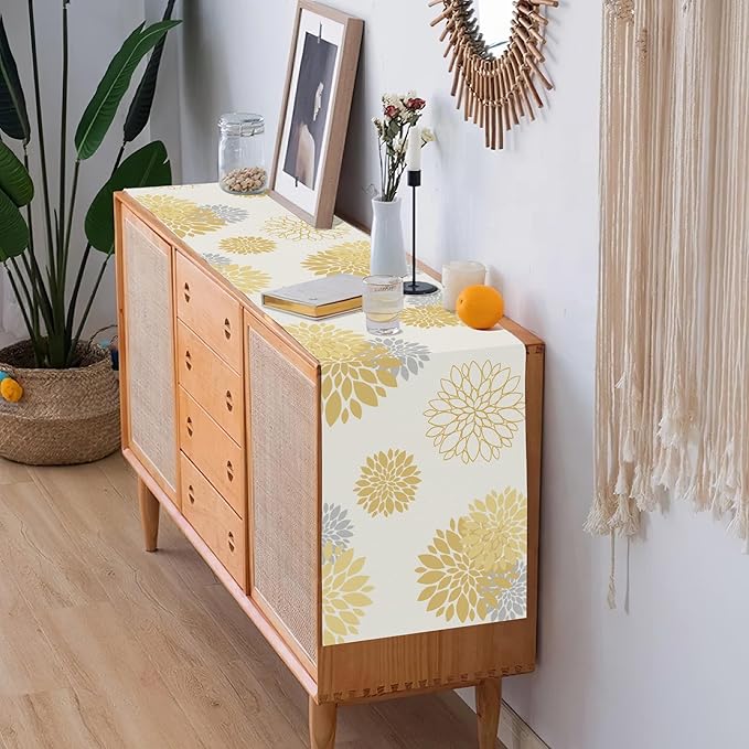 Yellow Gray Table Runner Dahlia Pinnata Flower Beige Table Runners Modern Elegant Pompon Farmhouse Geometric Table Center Decor for Girls Room Dining Party Patio (13 x 48 Inch)