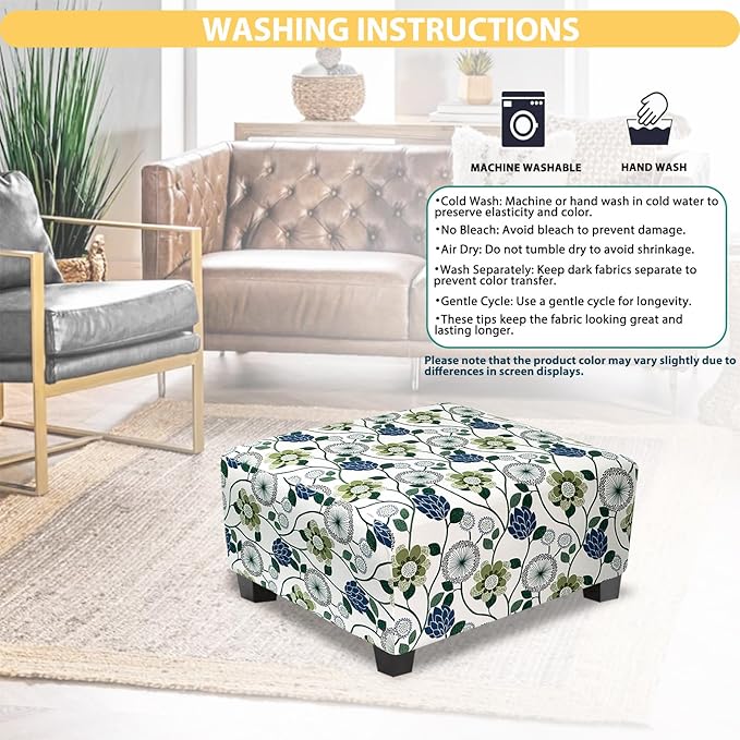 Ottoman Cover Square Slipcovers Printed,Stretch Footrest Stool Cover for Ottoman Square,Soft Foot Stool Cover Protector with Nonslip Elastic Bottom (Large,Flower C)
