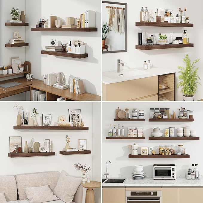 fuqing Floating Shelves for Wall, Wall Mounted Wood Floating Shelf with Invisible Brackets for Living Room, Bathroom, Bedroom, Kitchen Storage and Decor, 36 Inch Set of 2, Walnut