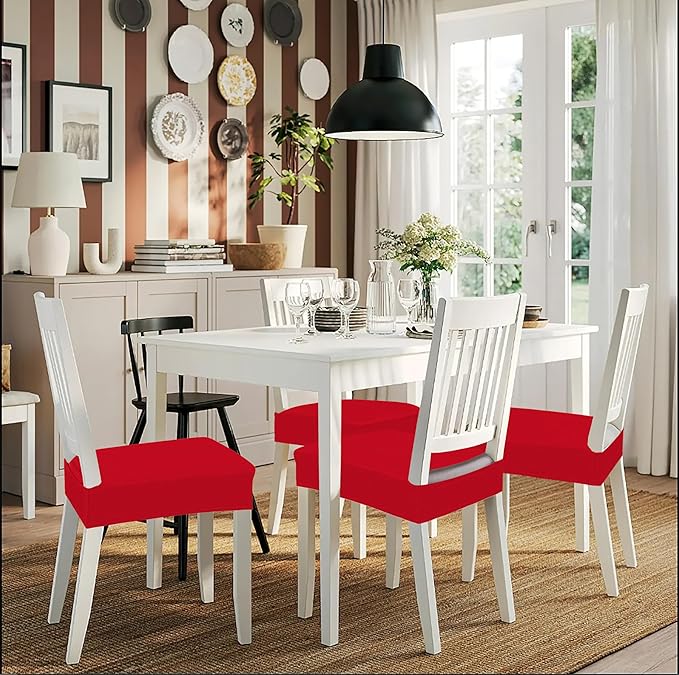 Smiry Stretch Jacquard Seat Covers for Dining Room Chairs Set of 4, Removable Washable Chair Seat Protector Slipcovers, No Rear Covers, Red