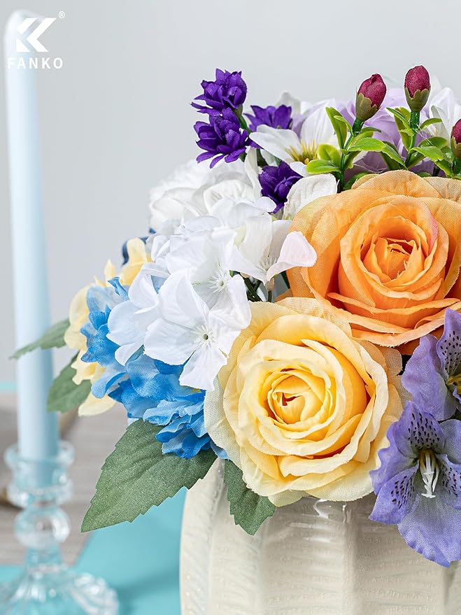 FANKO Artificial Flowers Fake Silk Rose, Mixed Combo Orange Rose Flowers Dark & Light Blue Cream Roses Delicate Blooms Set for Wedding Bridal Bouquets/Centerpieces/Home Decorations